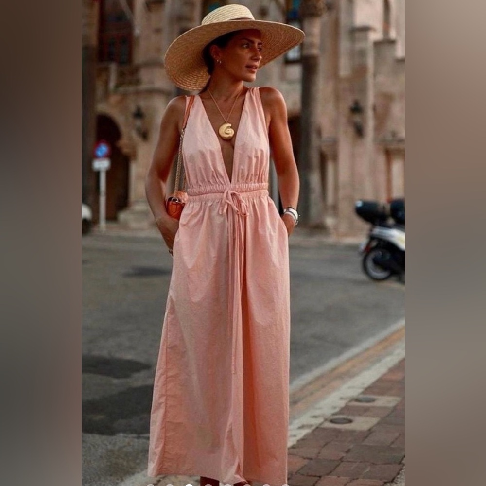 Zara Light Pink Deep V Maxi Dress